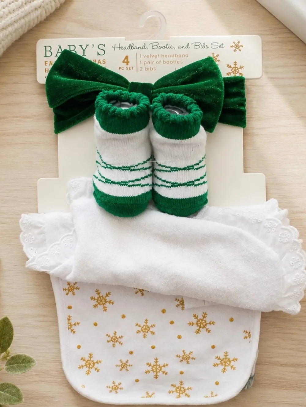 4 pcs Green Velvet Bow Headband, Socks, And Two Bibs Baby Holiday Set
